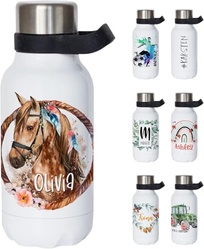 GRAZDesign Thermosflasche mit Henkel - Trinkflasche personalisiert mit Namen, auslaufsicher, BPA-frei, Edelstahl, Kohlensäure geeignet (Pferd, 550ml)