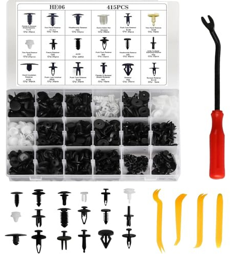 Lot de 415 clips de fixation de voiture - Rivets d'écartement - En plastique - Universel - Avec outil de levier - Kit d'outils de voiture