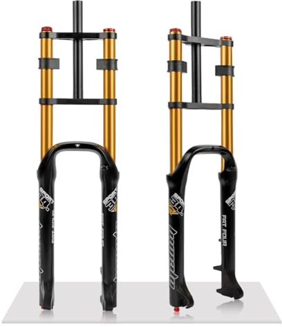 QHYRZE Fatbike Gabel 26 X 4,0 Zoll Fahrrad Luft Federgabel Für Mountainbike Ebike， Federweg 140mm Rebound-Einstellung Manuelle Sperre Doppelbrueckengabel QR Scheibenbremse Vorderradgabel(Gold)