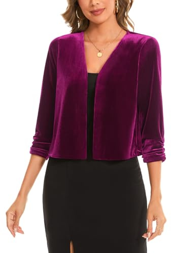 Womens Velvet Boleros Shrugs 3/4 Ruched Sleeve Cardigan Open Front Bolero | Womens Velvet Boleros Vintage Shrugs Sweater Retro Plain 3/4 Ruched Sleeve Cardigan Open Front V-Neck Front Lined Bolero