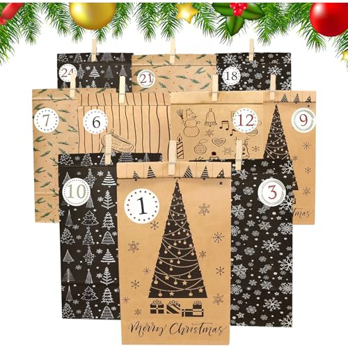 Adventskalender 2025 Zum Befüllen,24 Bedruckte Geschenktüten Und 24 Zahlenaufkleber Und Klammern,Adventskalender Füllung Selbers Basteln Für Kind&Erwachsene