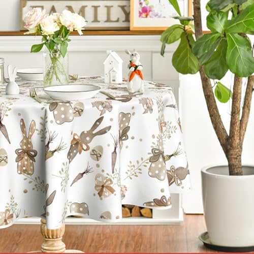 Artoid Mode Hasen Karotten Ostereier Ostern Tischdecke Rund 140 cm, Saisonnal Frühling Fleckschutz Tischwäsche Küche Dekoration Party Dekor