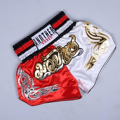 Eawfgtuw For Anotherboxer Short de boxe Muay Thai pour homme et femme, pour MMA, kickboxing, combat, sport, mélange de fibres de polyester respirantes avec taille élastique, (rouge + blanc, XS)
