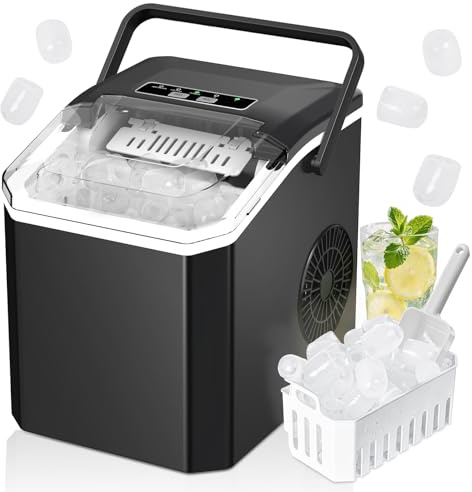 Maquina de Hielo, 9 Cubos en 8 Minutos,2 Tamaños de Hielo,1,5L Tanque,14Kg/24H, Ice Maker Machine Autolimpiante con Asa, Pala para Inicio/Cocina/Oficina/Bar (Negro)