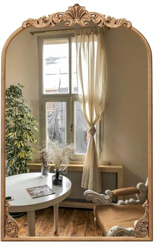 LIFEZEAL Vintage Barockspiegel, Antiker Bogenspiegel, Goldfarbener Wandspiegel mit Bogenform, Alter Spiegel Messingspiegel Wanddeko mit Metallrahmen für Wohnzimmer & Flur (S, 76 x 51 cm)