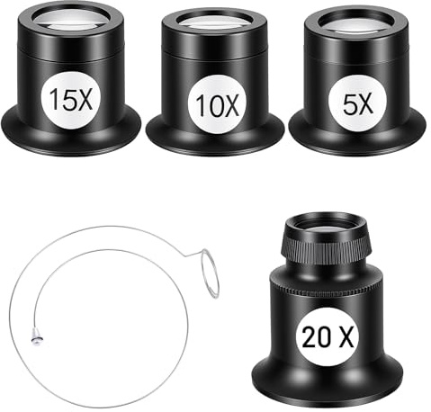 Lot de 4 loupes d'horloger 5X/10X/15X/20X, loupe oculaire, loupe portative, loupe monoculaire avec anneau en acier, loupe en pierre précieuse pour bijoutier, horloge, loisirs