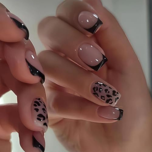 VOOSFSIE 24 Piezas de Uñas Postizas Cortas Cuadradas con Estampado de Leopardo Negro con Punta Francesa Negra y Acabado Brillante, Reutilizables, uñas acrílicas artificiales para mujer