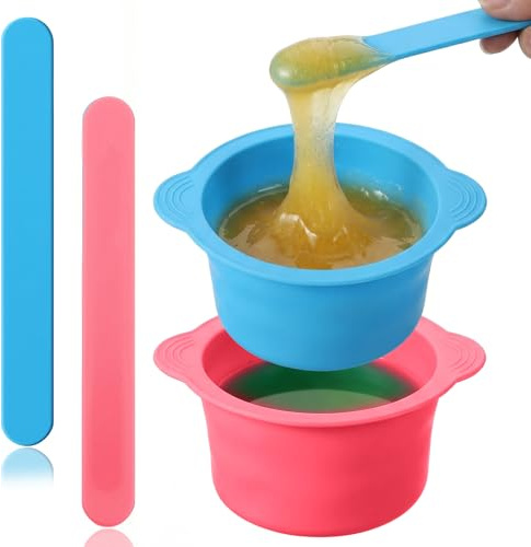 Classicseali 2PCS Silicone Wax Pot Insert,Wax Silicone Bowl with 2 Waxes Sticks,Non-Stick Waxes Pot Silicones Liner,for Preparing Powders,Making DIY Face Masks,Mixing Pigments,and Hair Dyes,Blue, Pink
