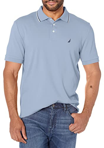 Nautica Men's Classic Fit Short Sleeve Dual Tipped Collar Polo Shirt, Lake City Blue, Medium