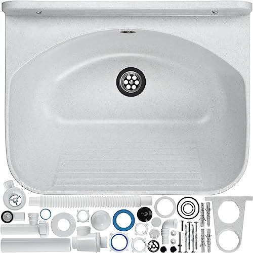 GOSPO Ausgussbecken mit Siphon, Waschbecken 46 x 36 x 20 cm, für Waschraum, Garage, Keller, Waschküche, Werkstatt, Waschtrog, Wandmontage, in Platte, Spülbecken inkl. Zubehör (weiß)