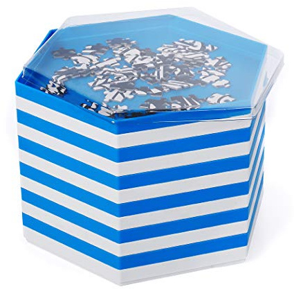 Becko Lot de 12 plateaux de tri empilables avec couvercle, accessoires de puzzle pour puzzles jusqu'à 2000 pièces, 12 plateaux hexagonaux en blanc et bleu