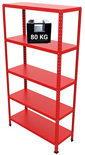 GRIMA Scaffale Metallo 5 ripiani - 100x40x187h cm (80 kg per ripiano, totale 400 kg) Scaffali in metallo per garage pesi, scaffalature per cucina, ufficio, scaffale professionale in metallo (Rosso)
