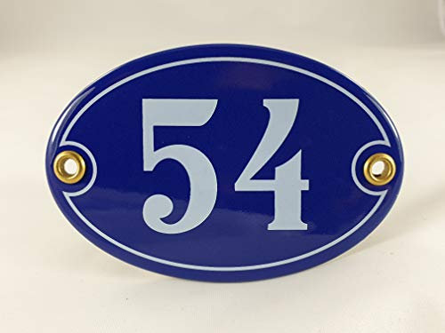 Emaille Hausnummer Schild Nr. 54, oval, Blau-Weiß mit Schrauben und Dübel Handarbeit