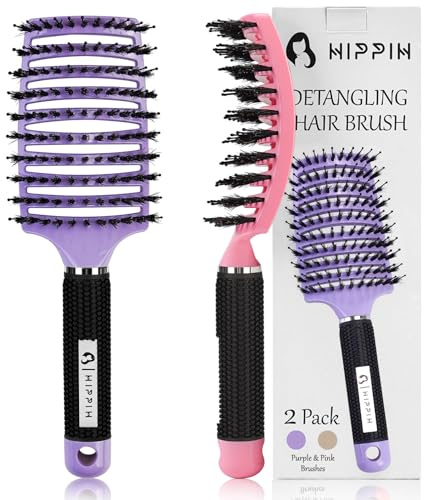 Boar Bristle Hair Brush Set of 2, HIPPIH Wet & Dry Hair Brushes Made by Fine Natural Boar Hair Can Adds Shine and Smoothing, Detangling Hairbrush for Women, Men & Kids' Long Curly Thick Hair