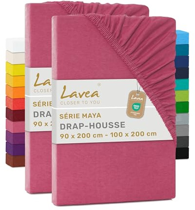 Lavea® Set 2 Lenzuola con Angoli Singolo 90x200 cm - 100% Cotone Morbido e Traspirante - per Materassi alti fino a 20 cm - con Elastico in Jersey - Corallo