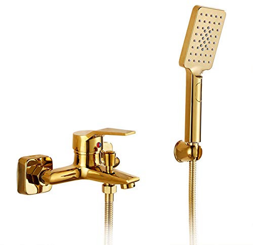 Grifo De Bañera Con Alcachofa De Mano, Latón Monomando Grifo Ducha, Mezclador Baño Y Ducha Con Manguera De Ducha De 1,5 M Y Soporte, Montaje En Pared, Dorado, Estilo Moderno