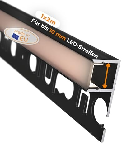 Alupona Mola (MO-111) Fliesenprofil Aluminium 1 x 2 m schwarz | Fliesenendleiste für LED Streifen bis 1cm breit | U-Profil Fliesenschiene + Acryl Abdeckung schwarz | Aluprofil belastbar
