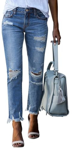 Sidefeel Women's Distressed Raw Hem Boyfriend Jeans Ripped Straight Leg Denim Pants Sky Blue Size 12