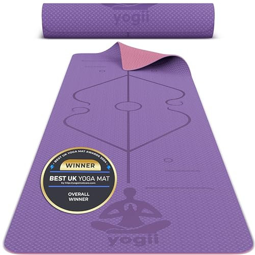 Yogii Yoga Mat - Non-Slip 6mm Thick TPE & Travel-friendly Yoga Mat - Perfect for Home & Gym Exercise Fitness & Pilates - With Laser Alignment Guides (Purple/Pink) for Men & Women