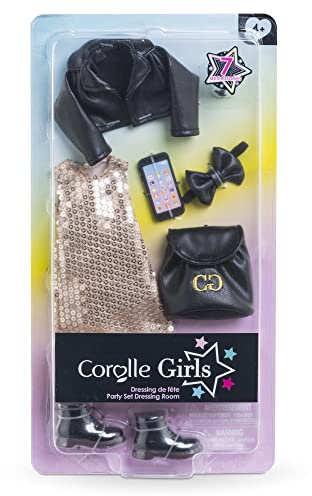 Corolle Girls Zubehörset Party, Trendy Gold-schwarzes Partyoutfit mit 7 Teile, für alle 28cm Girls Ankleidepuppen, ab 4 Jahre