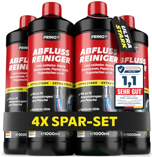 PRINOX 4x 1000ml Abflussreiniger EXTREM STARK 15 Anwendungen je Flasche Rohrreiniger - Entfernt Haare, Essensreste, organisches - Biologisch abbaubar, Hitzefrei, Materialschonend - Hergestellt in DE