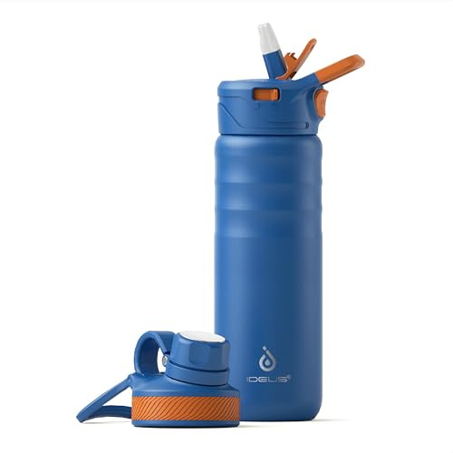 IDEUS Bouteille d'eau isotherme en acier inoxydable à double paroi en métal avec bouchon à vis anti-fuite (710 ml), bleu vif