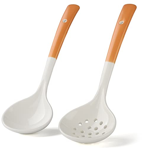 Keramik Schöpflöffel Set mit 2 großen Suppenkelle mit Schaumlöffel | Küchenkelle, Hot Pot Sieb, Löffel zum Kochen, Servieren, Rühren