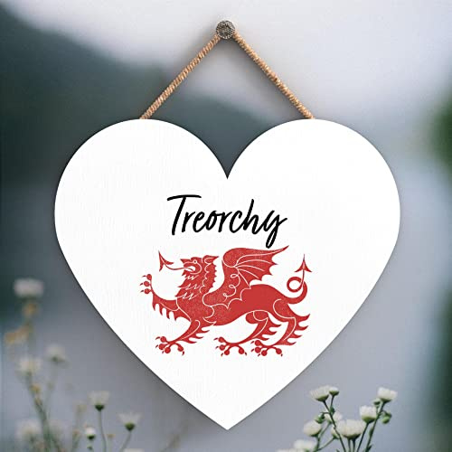 Global Designs Treorchy Welsh Dragon Location Wooden Heart Hanging Plaque
