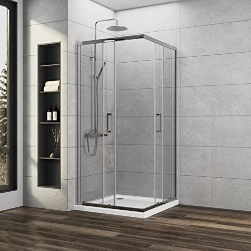 Duschkabine Schiebetür, Duschkabine 90x90x185cm mit Schiebetür Duschkabine Eckeinstieg 6mm ESG Glas Duschabtrennung Duschwand, Montage auf Duschewanne oder Ebenerdig