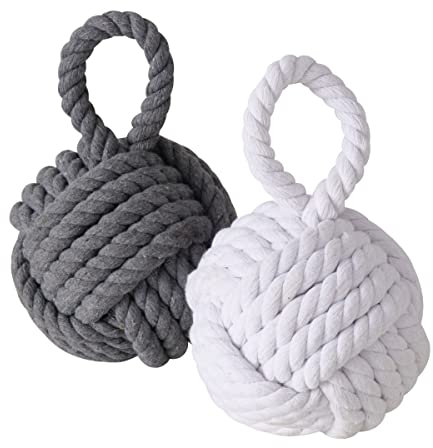 Türstopper mit nautischem Knoten, 2 Stück, grau und weiß, natürliches Juteseil, handgebunden, Schlaufengriff, 15,2 x 22,9 cm, gewichtet, 2,5 kg zusammen