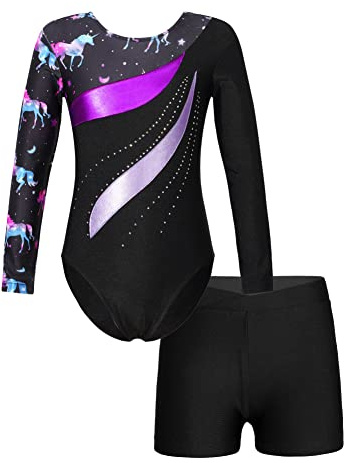 CHICTRY Kids Girls Long Sleeve Gymnastics Leotard Workout Bodysuit with Shorts 2 Pieces Set Tracksuit Tumbling Dance Outfits Black&Purple 7-8 Years