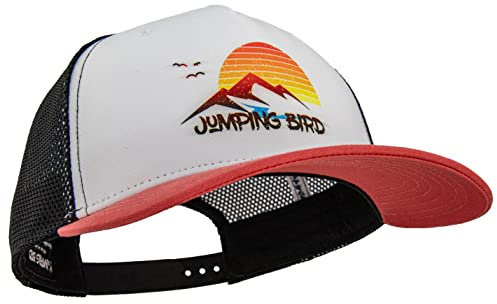 Jumping Bird Trucker Cap (Koralle/Weiß) • Mesh Cap für Herren & Damen • Sunset Druck • Retro Style Kappen • Netzcap atmungsaktiv