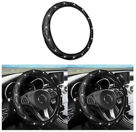 JNNJ Universal Auto Lenkradhülle, Glitzer Universal Auto Lenkradbezug, Lenkradbezug Aus Echtes Leder 37-38cm, Strass Leder Lenkradabdeckung Autoinnenraum(Schwarz)