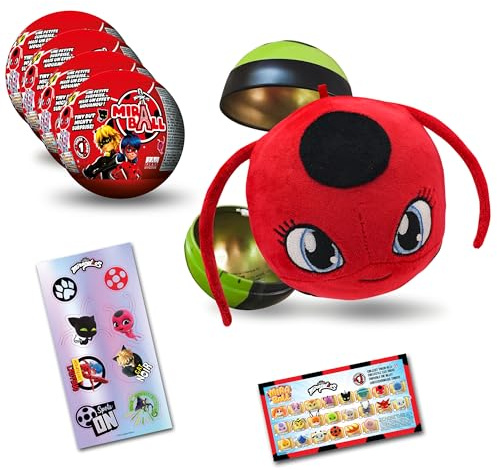 Miraculous Ladybug, Sammelspielzeug Kapsel 4-1, 4er-Set, Miraball Überraschung: Ausdehnbares Kwami-Plüschtier, Metallkugel mit Charakterbildern, Glitzernde Aufkleber, Aufhängeband