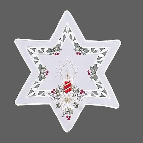 Raebel OHG Tischläufer Mitteldecke Deckchen Aufleger Stern Weihnachten Advent weiß Bestickt mit roten Kerzen und Zapfen im Cutworkstil (30 cm)