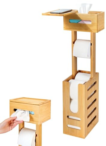 YITOBA Toilettenpapierhalter aus Bambus, Stabiler, freistehender Toilettenpapierhalter, Toilettenpapierrollenhalter, Ständer für kleine Räume, Badezimmer und Ersatzrollen