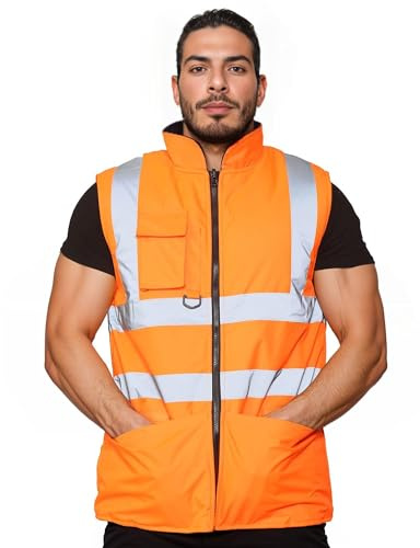 Dolce Fashions® High Visibility Bodywarmer Fleece Lined Reversible Gilet Jacket Adults Hi Vis Waterproof Workwear Security Safety Wear Warm Sleeveless Waistcoat Body Warmer Vest Top (Orange, L)