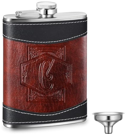 Baderke Personalized Groomsmen Flask 8 oz Stainless Steel Monogram Hip Flask for Men Leather Birthday Gift for Dad Grandpa Wedding(Letter C)