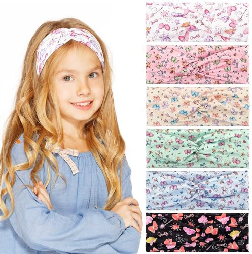 6 Stück Stirnband Kinder, Schleife Weit Dehnen Stirnband Mädchen, Elastisches Haarband Mädchen Kopfband mit Schmetterling in 6 Farben, Haarschmuck Kopfschmuck Haarbänder für Sport Freizeit