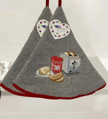 Lot de 2 Torchons Essuie Mains Petit Déjeuner - Essuie Mains Rond Eponge avec Attache - Motifs Brodés - Torchon Cuisine Rond 100% Coton - Serviette Cuisine SDB Ø 65 cm - (Gris, Lot de 2)