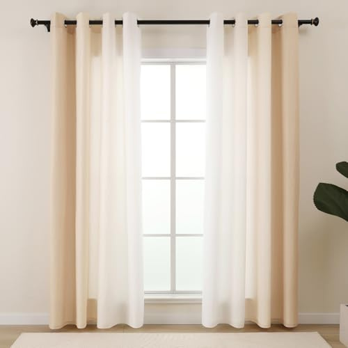 L.Z.E Vorhänge Beige Weiß Farbverlauf mit Ösen Kurze Gardinen Sichtschutz Lichtdurchlässig 2er Set Gardine Vorhang für Schlafzimmer Wohnzimmer Kinderzimmer Fenster Modern Privatsphäre Ösenvorhang Dünn