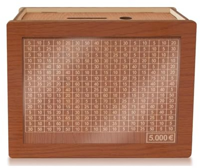 Spardose Holz mit Zählerz, Spardose mit Zähler, Sparbuch für Geld, Sparbox mit Zzahlen Ankreuzen, Wunscherfüller, mit Sparziel und Zahlen für Heimdekoration Geburtstagsgeschenk (€5000-Hellbraun)
