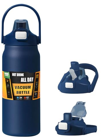 Borraccia termica da 1500 ml, con cannuccia e coperchio a tenuta stagna, in acciaio inox, senza BPA, a bocca larga, con manico portatile, doppia parete, mantiene freddo e caldo (blu navy)