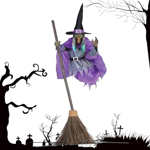 Halloween-Dekoration auf Besen, gruselige fliegende Hexe, Dekoration mit Augen, Lichtern und gruseligen Geräuschen, 180 cm - 195 cm, verstellbar, animierte schwebende Hexe, Animatronik für Cosplay,