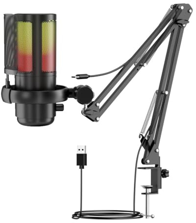 CS PRIORITY Microfono da gioco con registrazione USB, microfono a condensatore intelligente con cancellazione del rumore, per PC, computer, live streaming, microfono per canto (ME6P w Boom Arm)