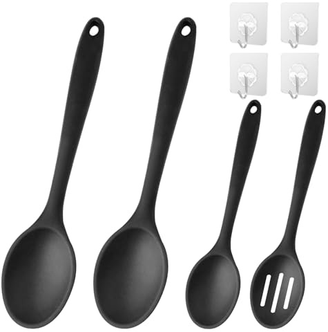 LLTLGF 4 Silikonlöffel, schwarzer Antihaft,Silikonlöffel,für die Küche,hitzebeständig,langer Stiel,zum Kochen,Rühren,Mischen,Backen,Kochlöffel,Küchenutensilien