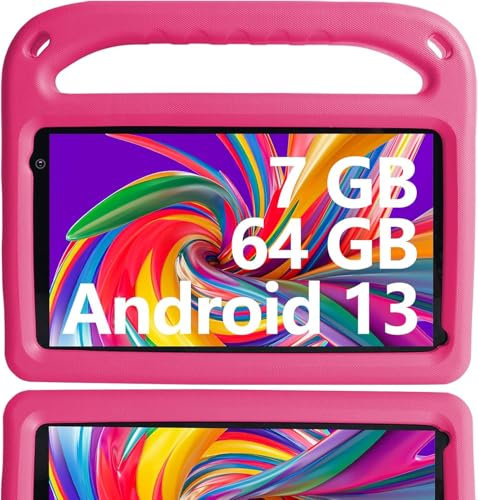 Tablette Enfants Android 13 FHD 7 Pouces, 7 GO RAM+64 GO ROM (TF 256 Go), WiFi 5G, Bluetooth, Éducation des Enfants, Play Store, Double Caméra, Contrôle Parental, avec Étui pour Tablette, Rose