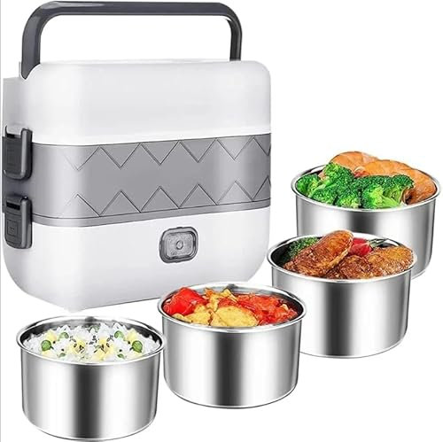 Fiambrera eléctrica portátil, calentador de alimentos de 200 W con forros y cucharas interiores de acero inoxidable, lonchera aislada súper larga de gran capacidad de 2 litros, extraíble