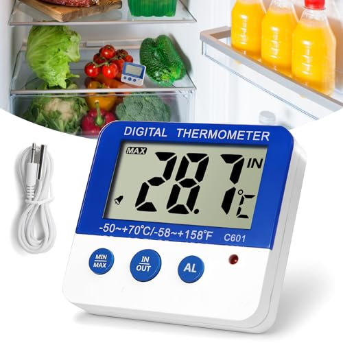 Termómetro digital para congelador/refrigerador con soporte magnético y termómetro de refrigerador de pie con indicador de alarma LED, función de memoria máxima/mínima, visualización precisa de la