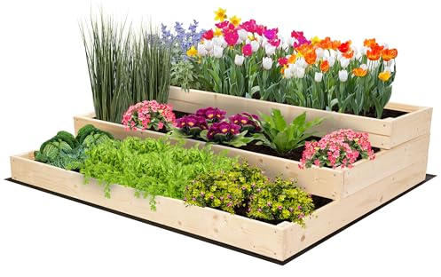 MODO24 Hochbeet Holz, 3-stufiger Pflanzkasten, Blumenkasten, Gemüsebeet, Kräuterbeet, Anzuchtkasten, mit Gartenvlies als Unterlage und Schrauben, Abmessungen 27x117x93 cm, Farbe: Natur imprägniert